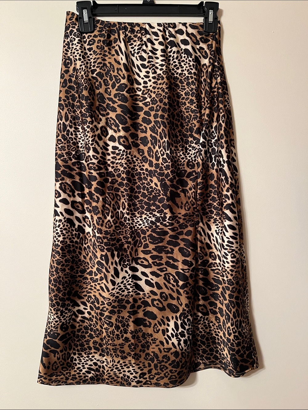 Francesca's Collections Leopard Print Satin Midi Skirt in Brown and Black